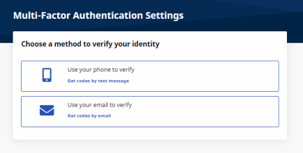 In the image, the Multi-Factor Authentication Settings page displays options to verify by phone or email.